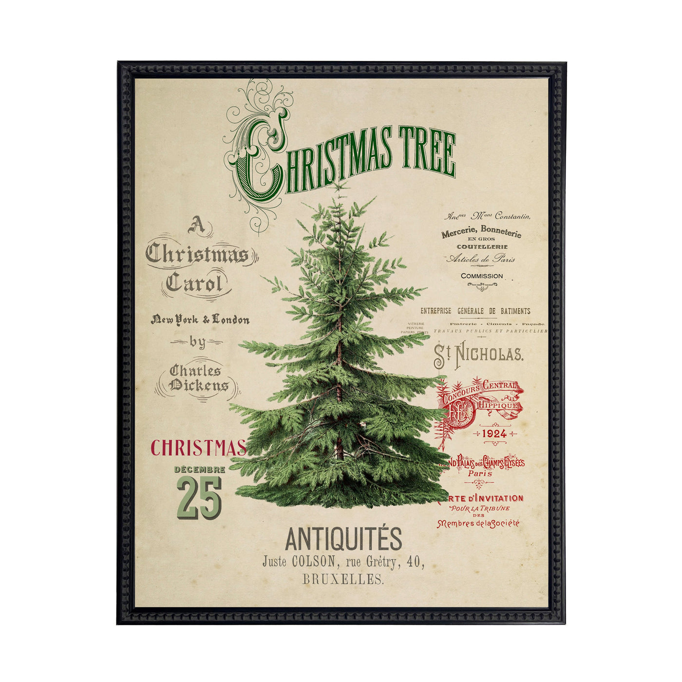 Vintage Painting of a Christmas Tree on a distressed bookplate background (19"x25")