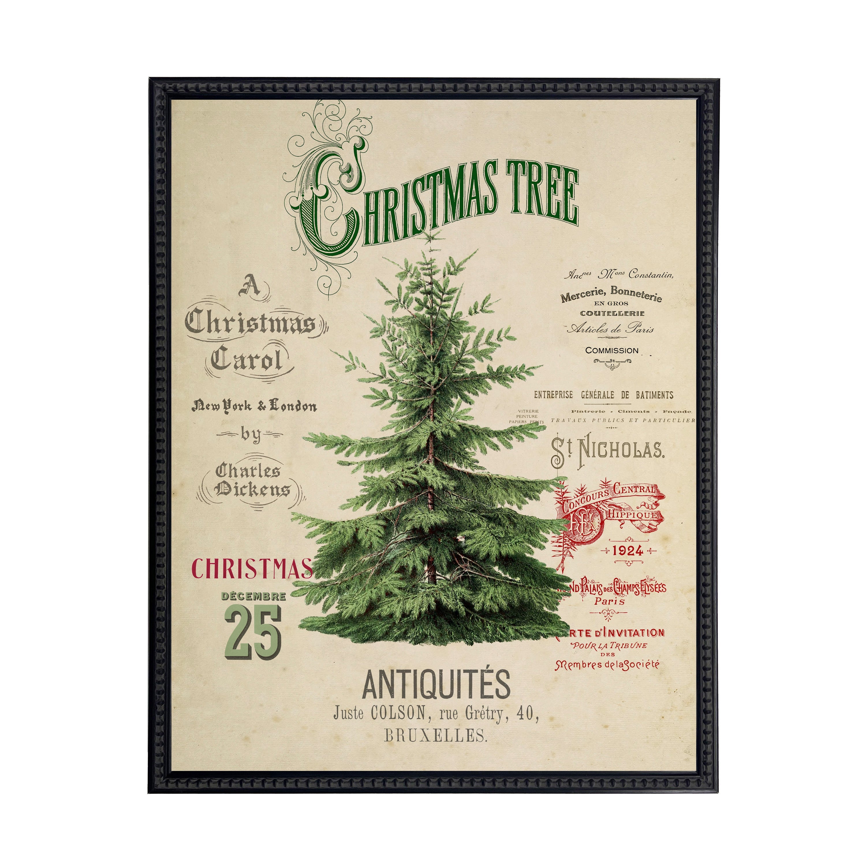Vintage Painting of a Christmas Tree on a distressed bookplate background (19"x25")