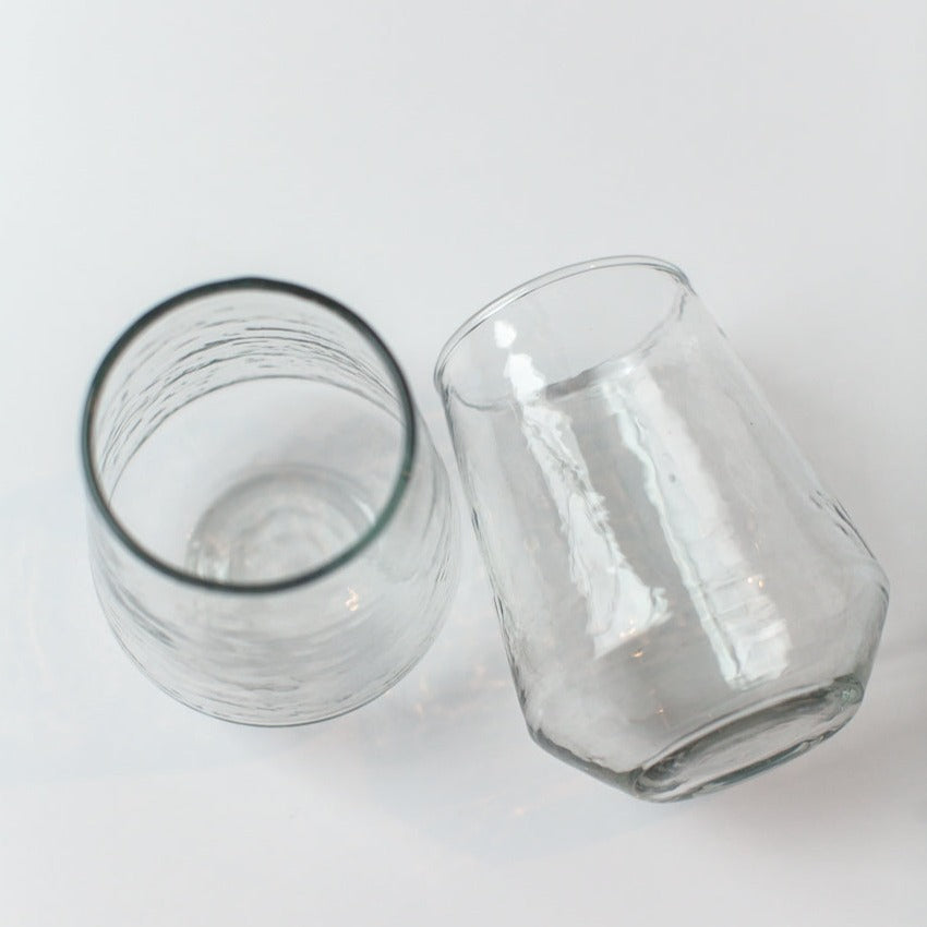 Handblown Hammered Glass Water Tumbler, Clear Set of 4