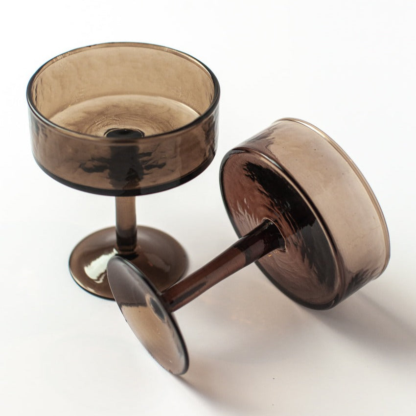 Handblown Hammered Recycled Glass Coupe, Smoke Set of 4