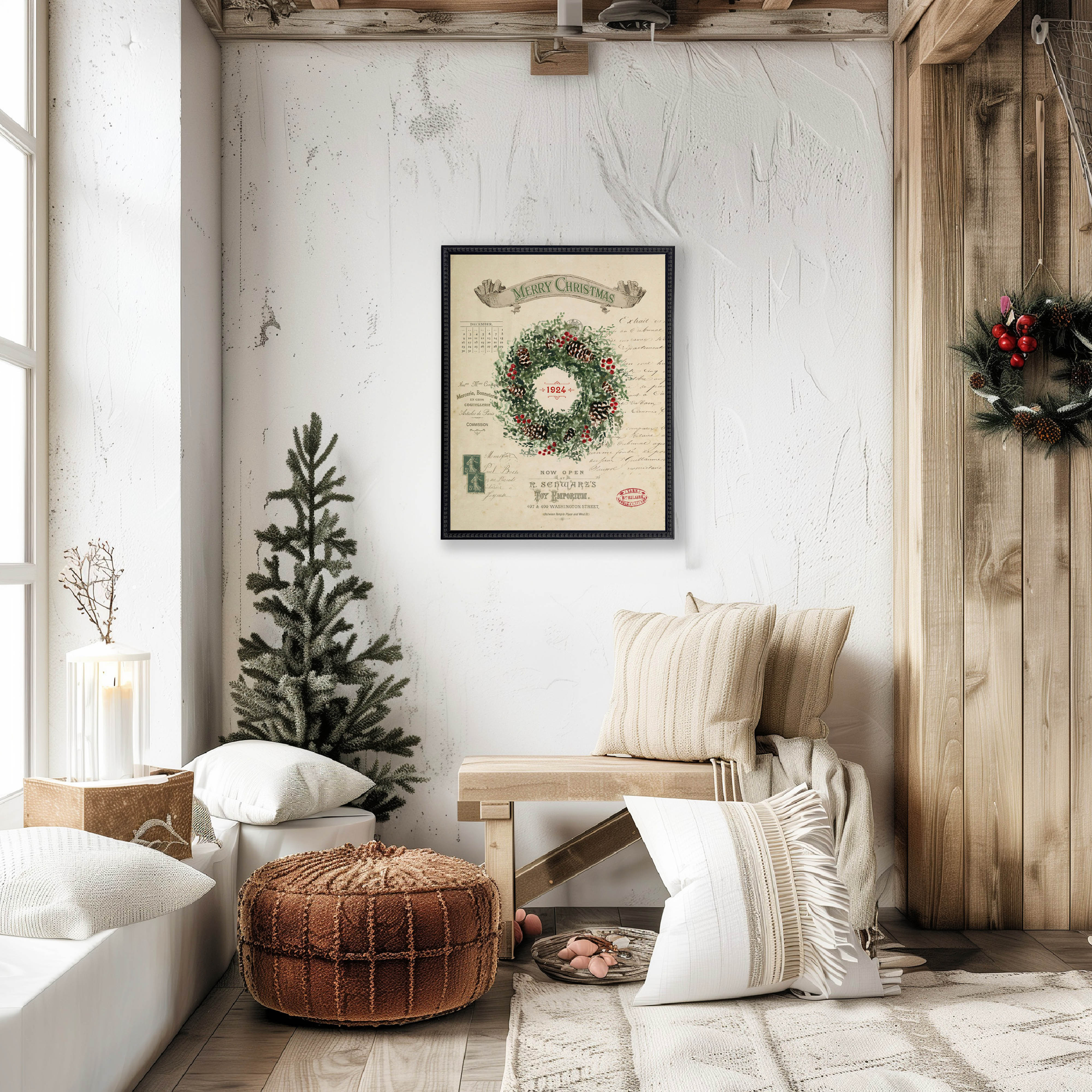 Vintage Painting of a Wreath on a distressed bookplate background (19"x25")