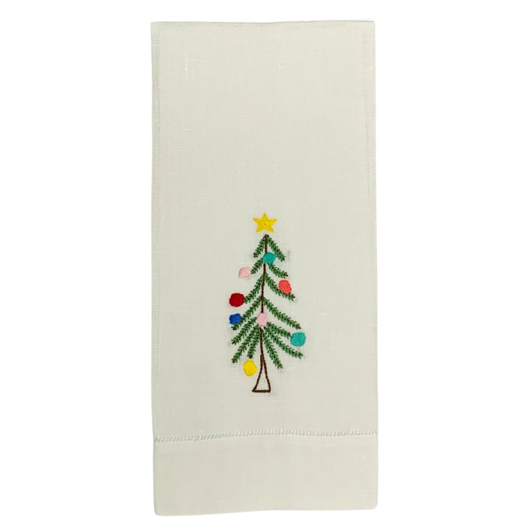 Hand-Embroidered Rustic Christmas Linen Tea Towel