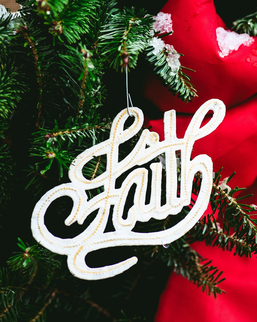 Handcrafted White Faith Steel Christmas Ornament