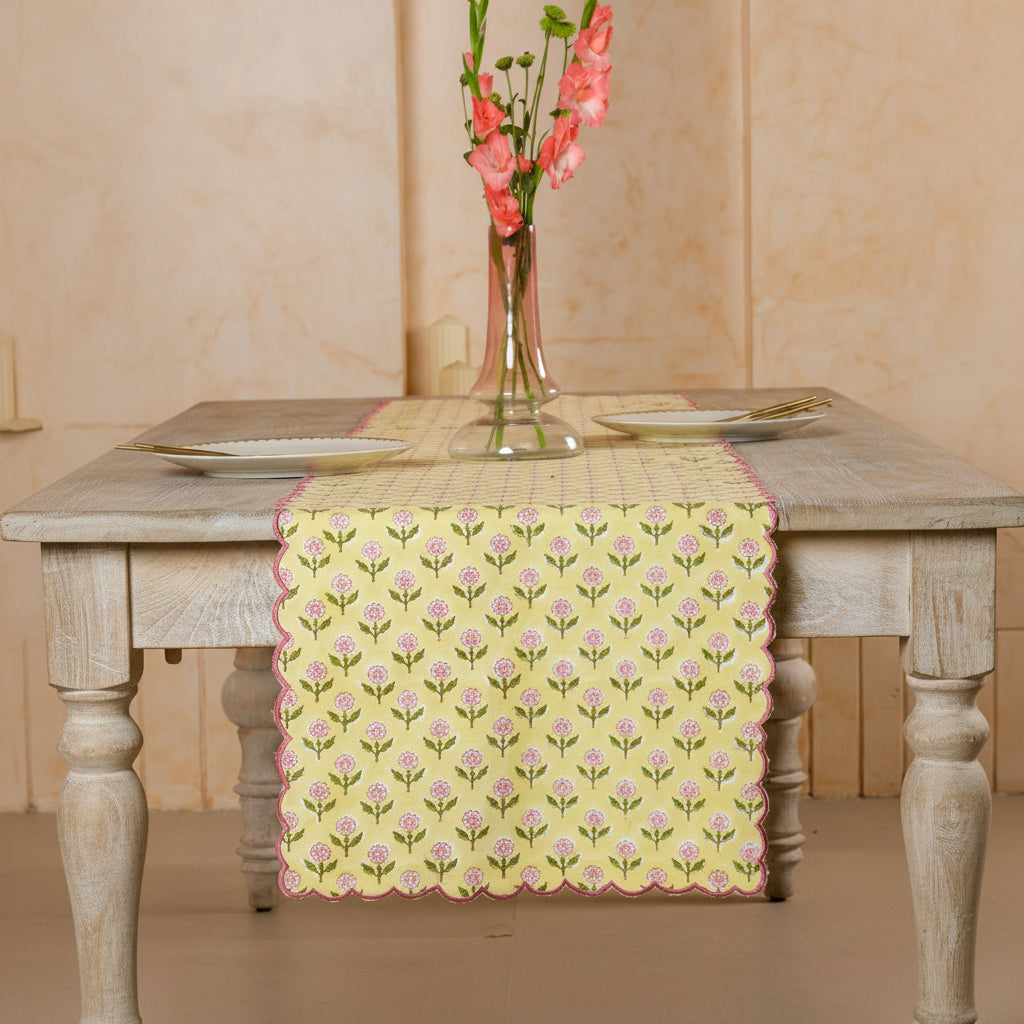 Mona Scallop Embroidered Blockprint Table Runner in Butter Yellow