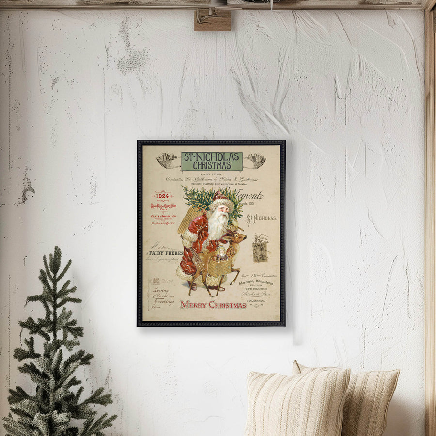 Vintage Painting of Santa on a distressed bookplate background (19"x25")