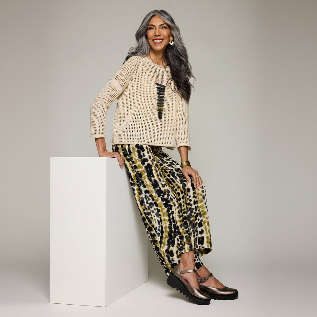 Crepe Patterned Pant - Ivory/Olive/Slate