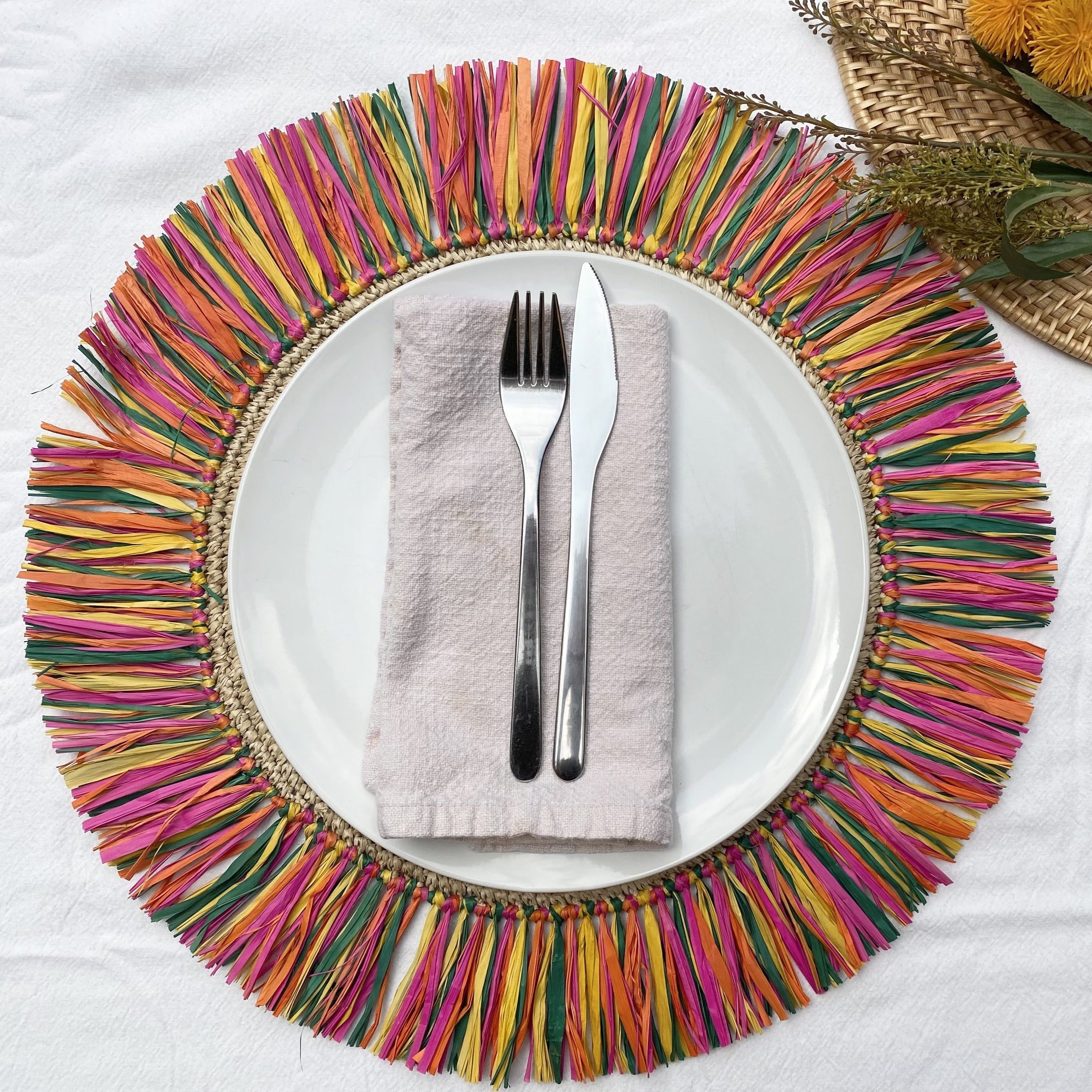 Pahiyas Woven Raffia Fringe Placemats Multi Rainbow, Set of 2
