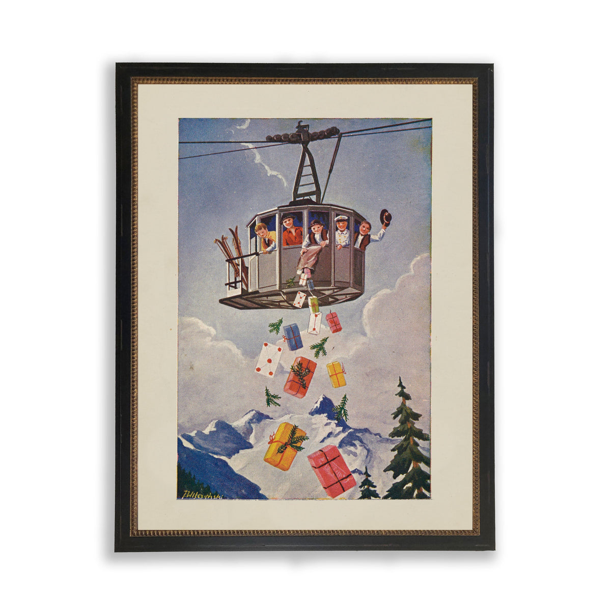 Ski Lift Gift Drop Print in Beaded Gold and Black Frame