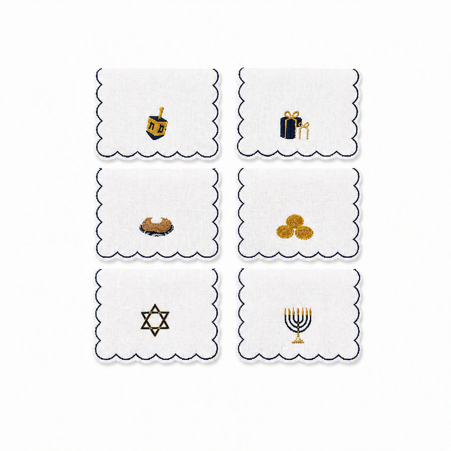 Hanukkah Embroidered Linen Cocktail Napkins, Set of 6