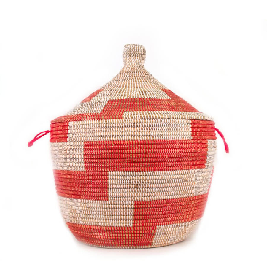 Handwoven Low Storage Basket, Red Chevron