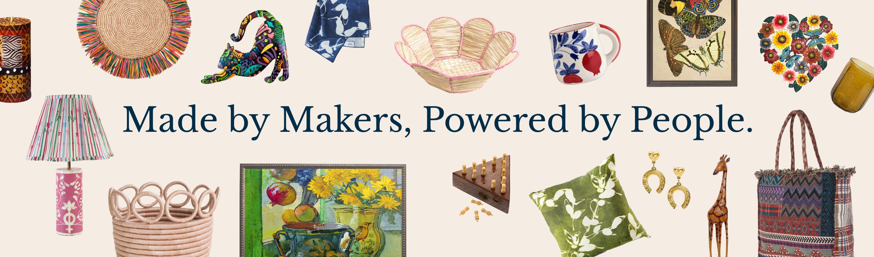 Collage of various handmade items with text 'Made by Makers, Powered by People.'