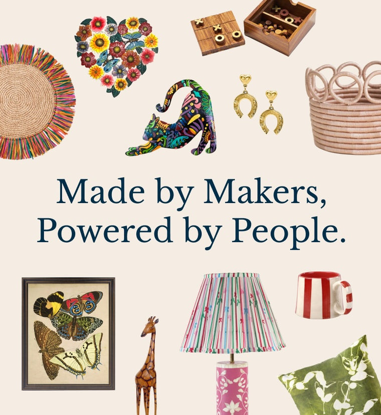 Collage of handmade items with text 'Made by Makers, Powered by People' on a white background.