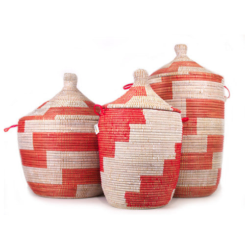 Handwoven Low Storage Basket, Red Chevron