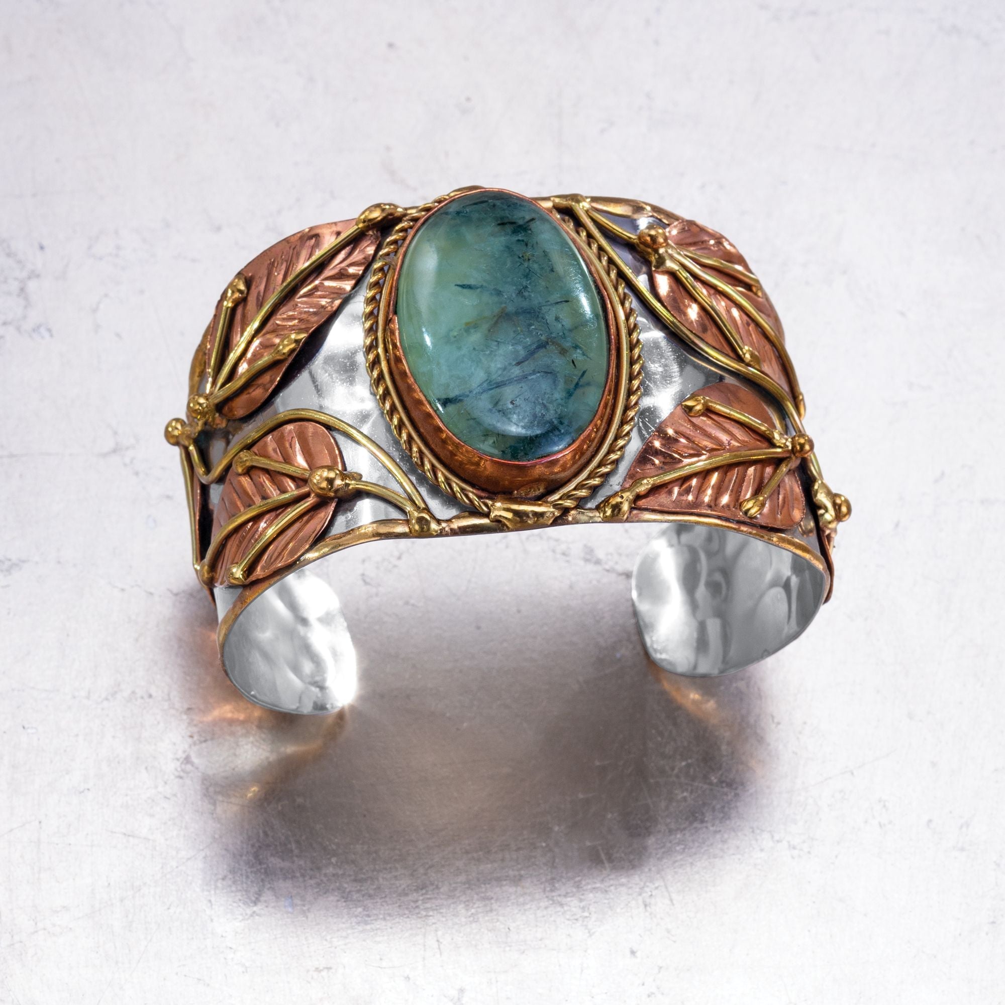 Tranquil Nature Mixed Metal & Moss Agate Adjustable Cuff (Preorder)
