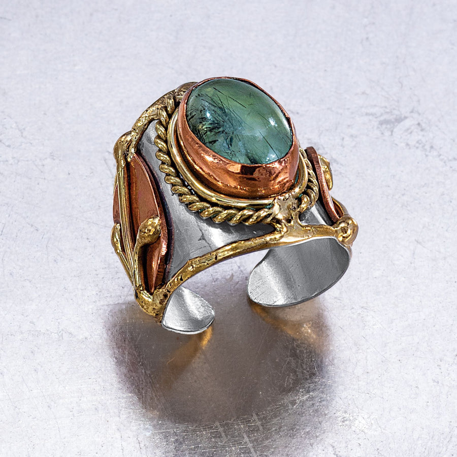 Tranquil Nature Mixed Metal & Moss Agate Adjustable Ring (Preorder)