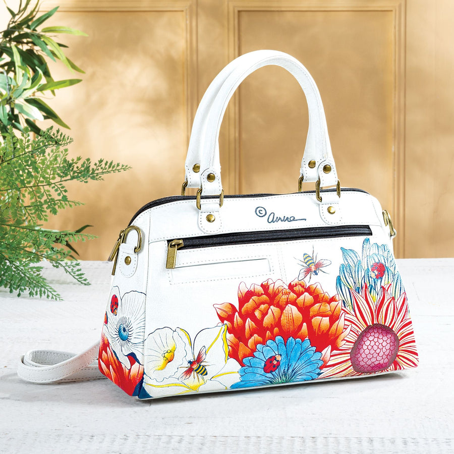 Hand-Painted Rainbow Blossoms White Satchel