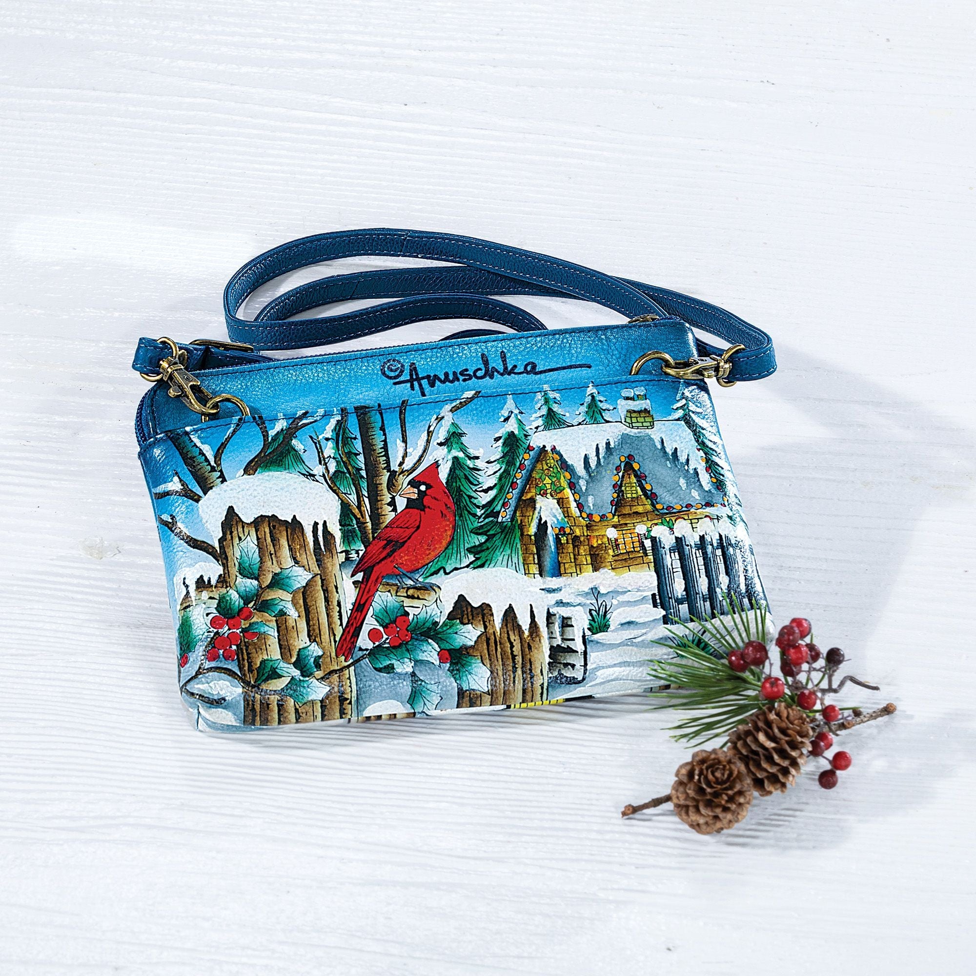 Winter Visitors Hand-Painted Leather Crossbody