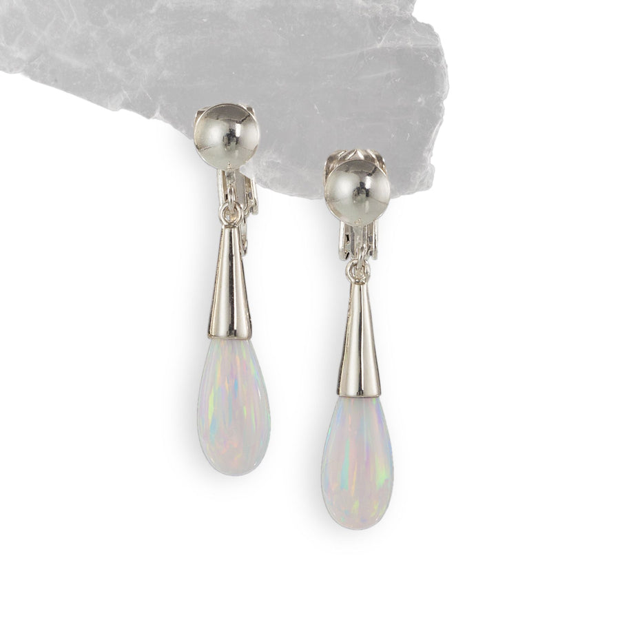 Sterling Silver & Opal Teardrop Clip-On Earrings