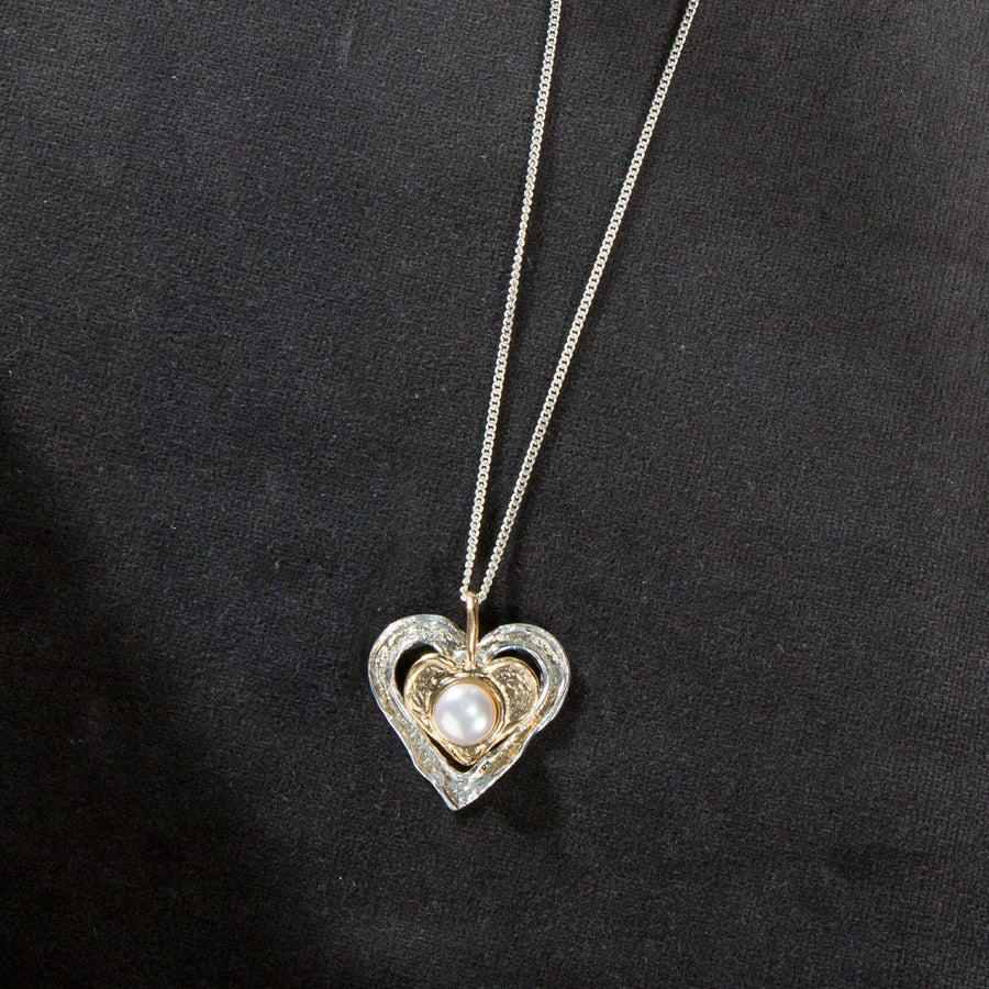 Silver & Gold Heart Necklace With Freshwater Pearl