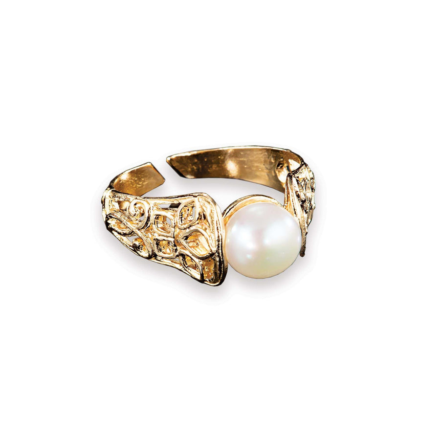 Textured Gold & Freshwater Pearl Adjustable Ring