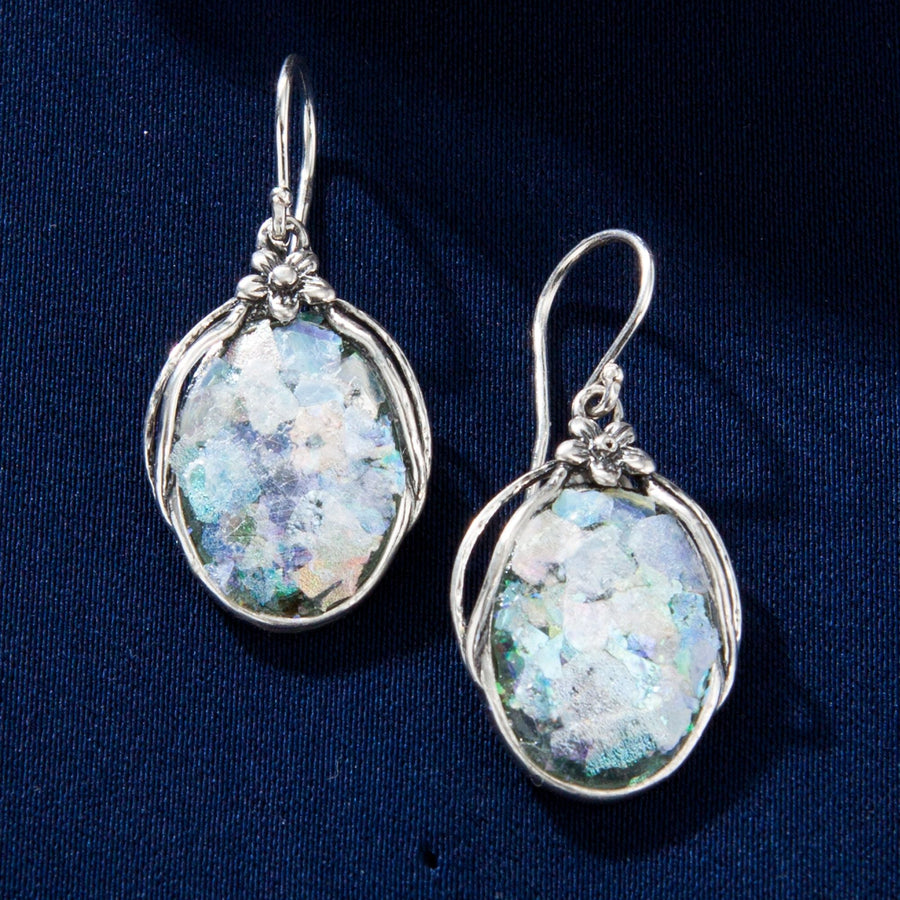 Roman Glass & Sterling Silver Dangling Earrings