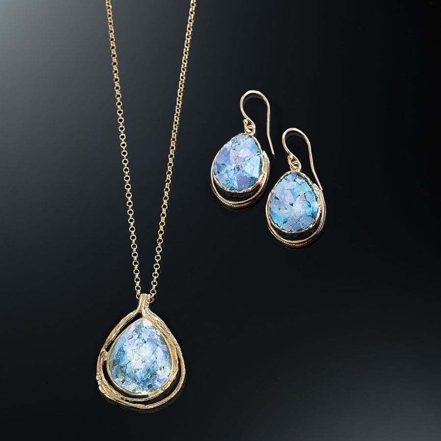 Gold Roman Glass Necklace & Earrings Set