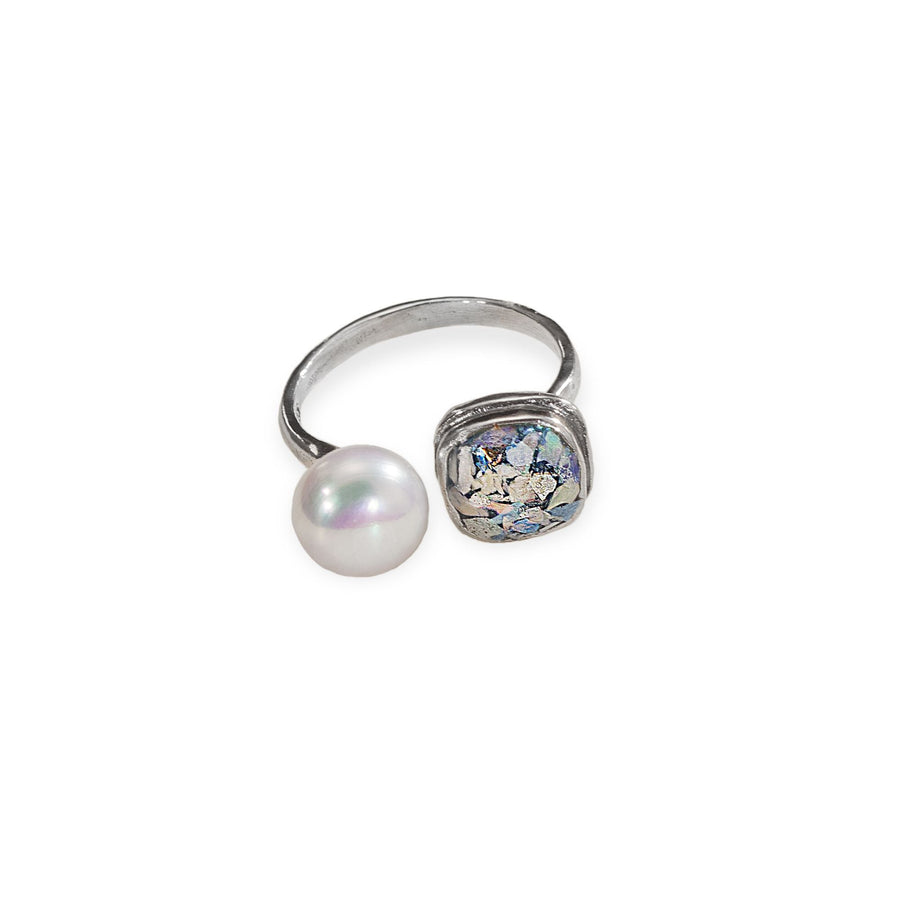 Roman Glass & Freshwater Pearl Adjustable Ring