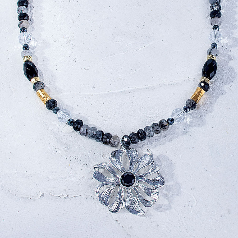 Floral Necklace With Onyx & Hematite