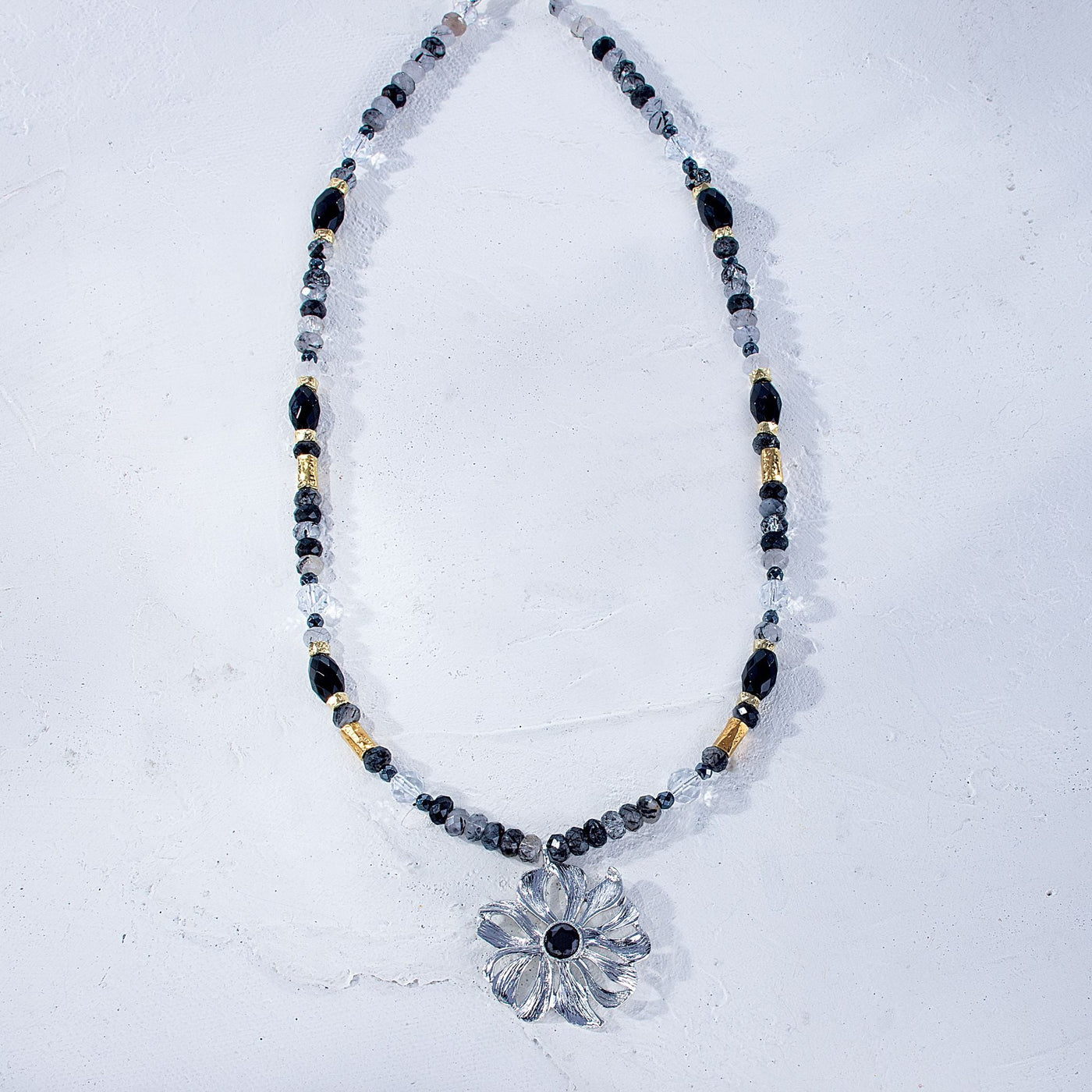 Floral Necklace With Onyx & Hematite