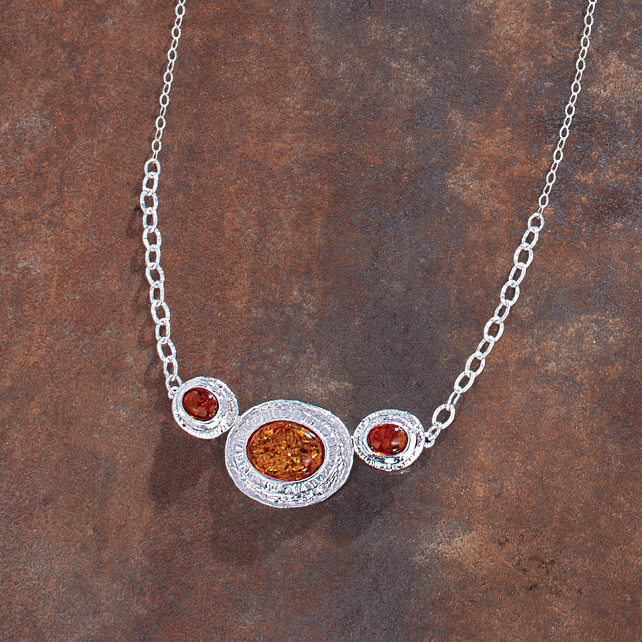 Amber & Sterling Silver Triple Stone Pendant Necklace