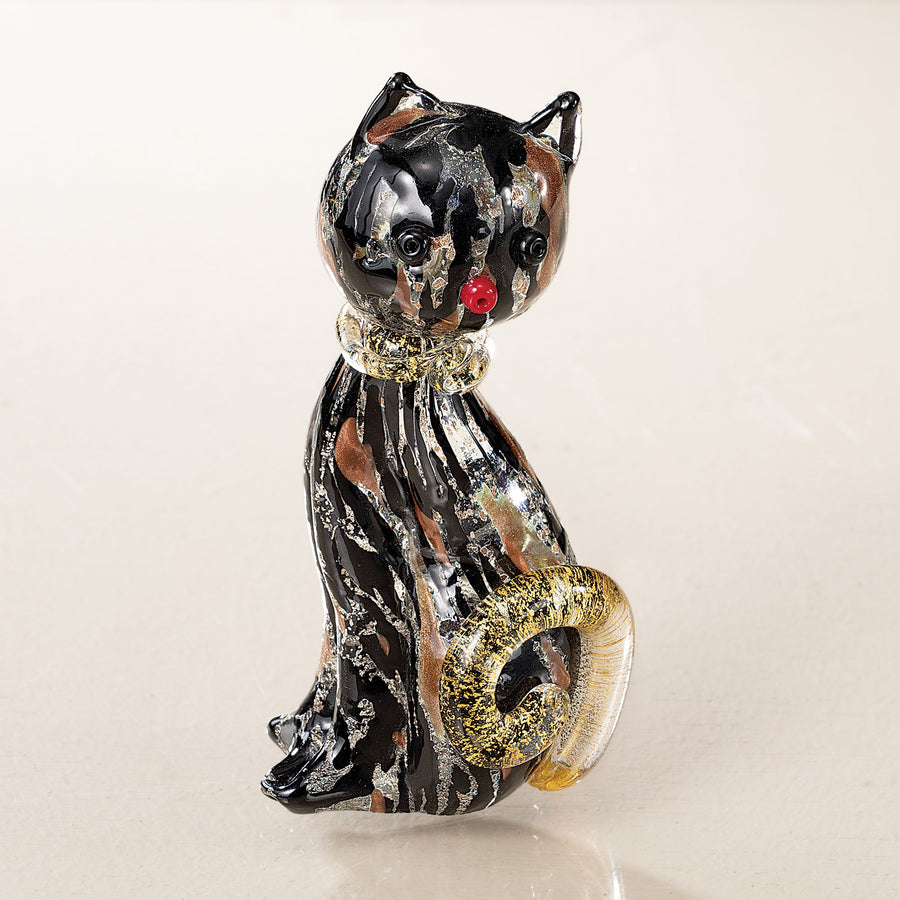 Murano Glass Black & Bronze Cat Figurine