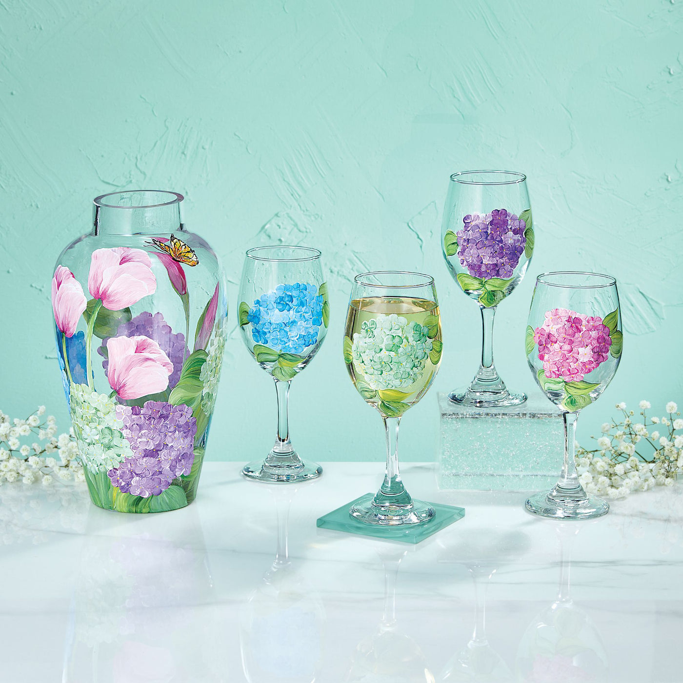 HandPainted Hydrangea Wine Glasses Set Of 4 Uno Alla Volta