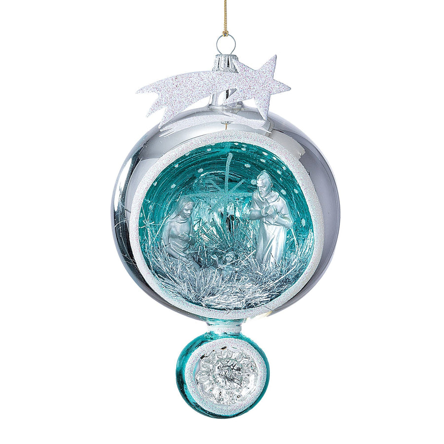 Blue Hand-Blown Glass Nativity Ornament