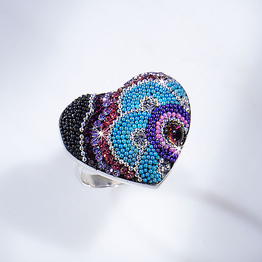 Mexican Mosaic ''Magic Light'' Adjustable Heart Ring