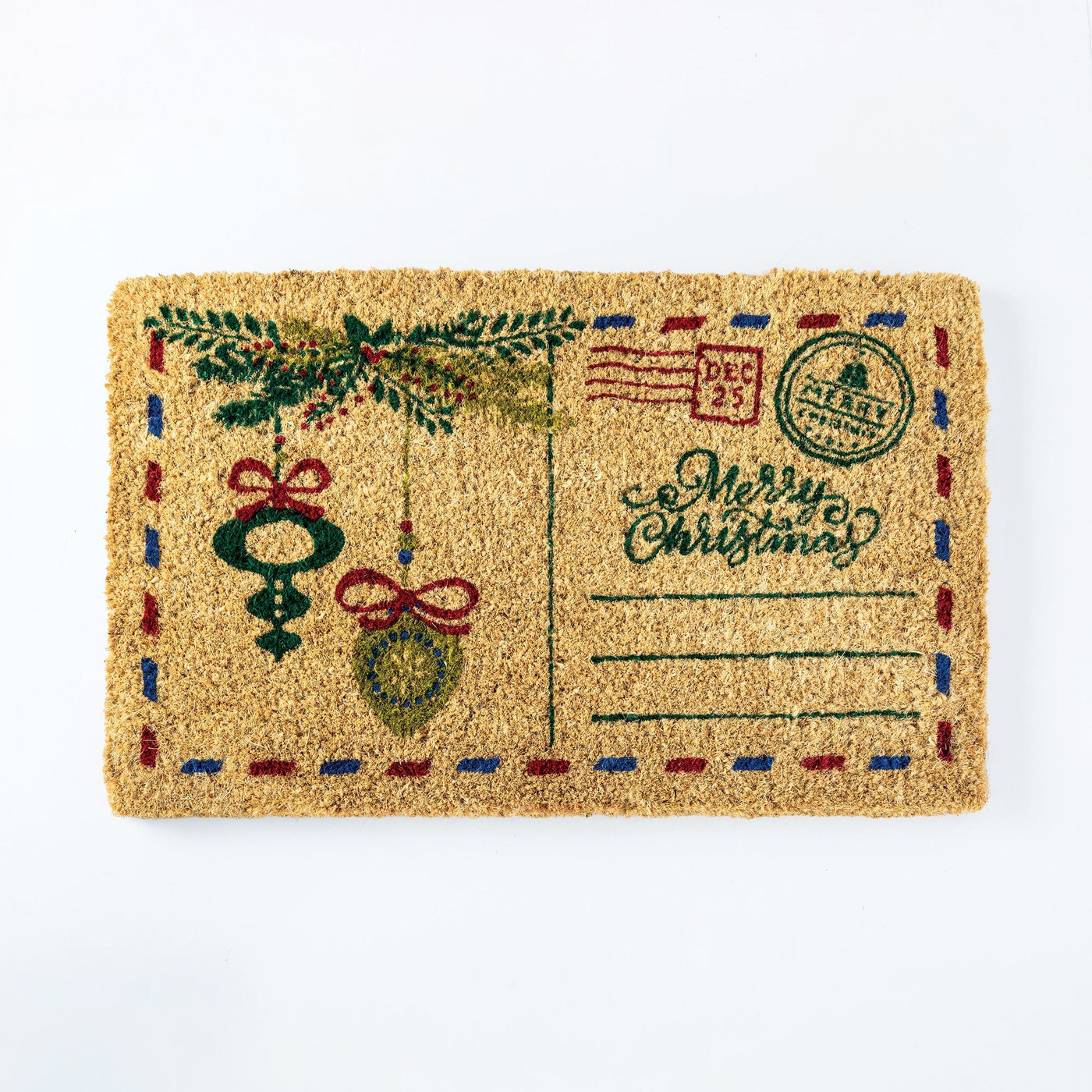 Hand-Stenciled Merry Mailbox Natural Coir Doormat