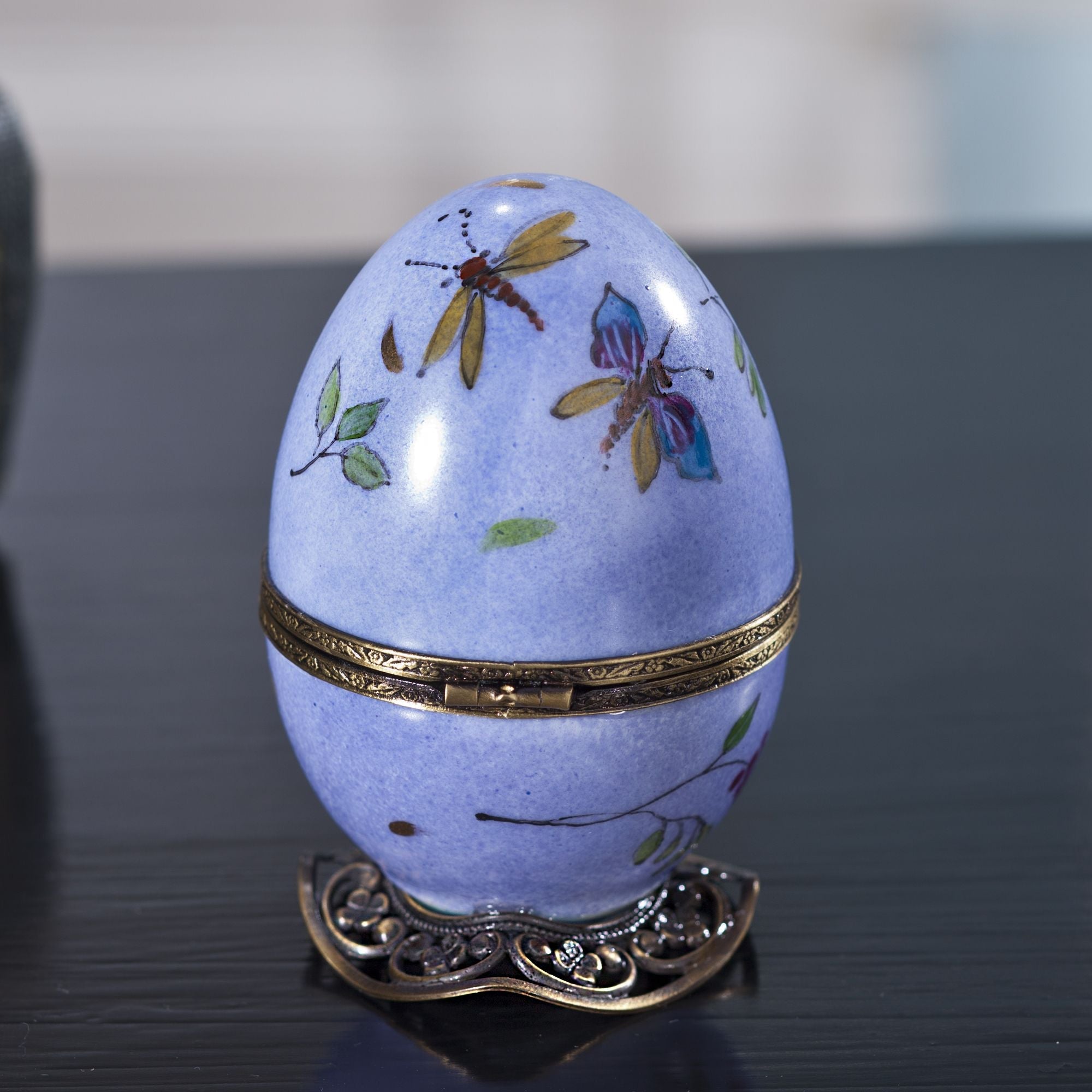 Limoges Porcelain Purple Musical Egg With Cat