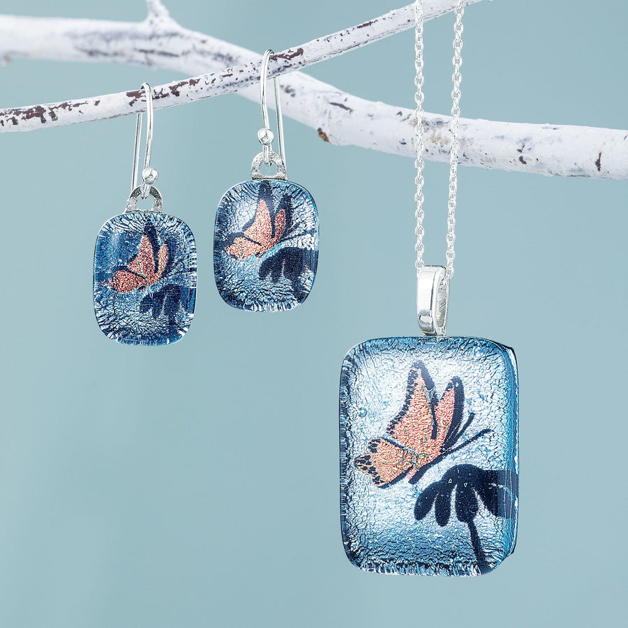 Social Butterfly Dichroic Glass Necklace & Earrings Set