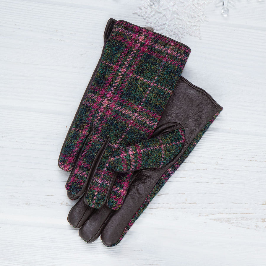Green & Mauve Plaid Harris Tweed & Leather Gloves