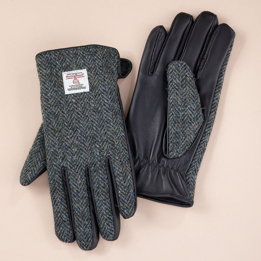 Men's Herringbone Harris Tweed & Leather Gloves