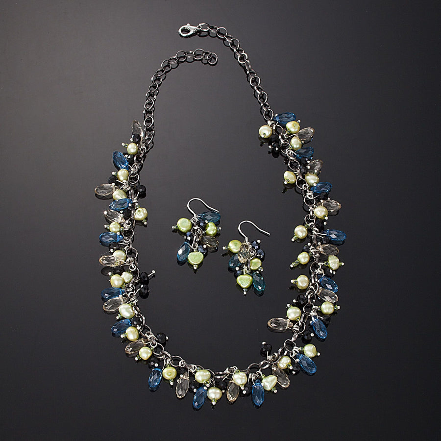 Freshwater Pearl & Crystal ''Green Glimmer'' Necklace & Earrings Set
