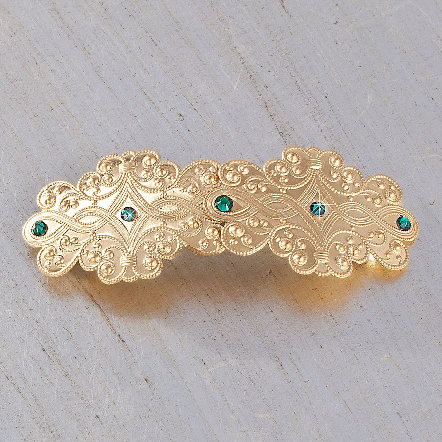 Vintage Style Brass Barrette With Emerald Swarovski Crystals