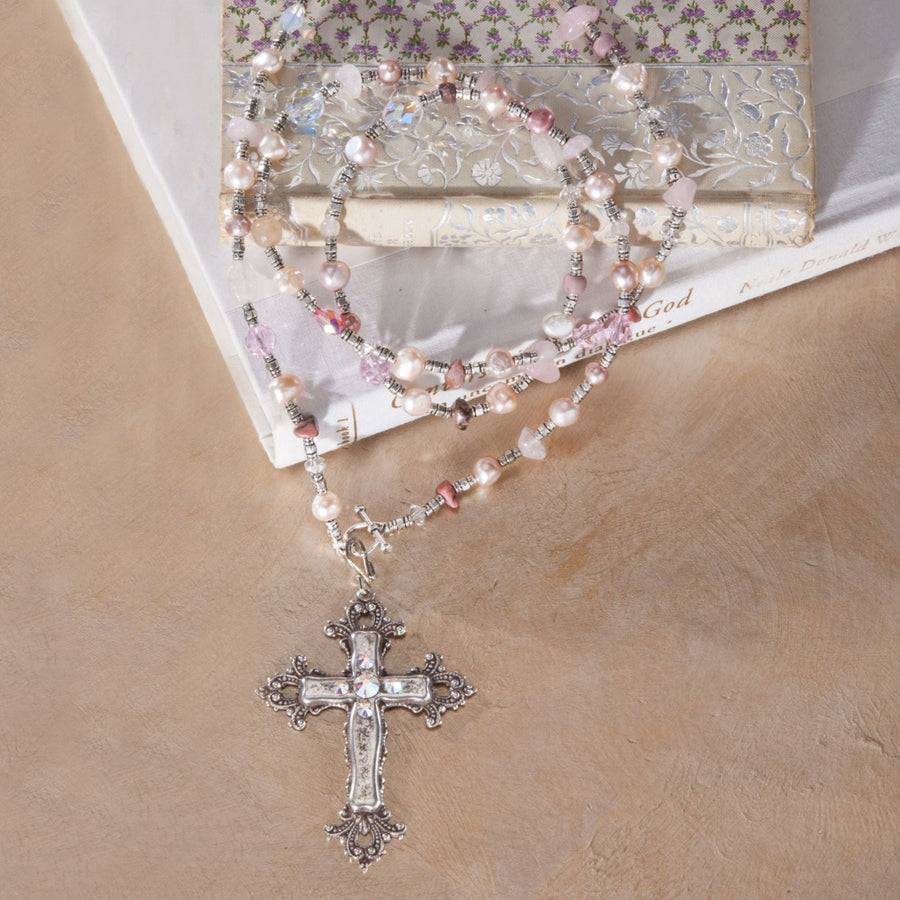 Rose Quartz & Pearl Cross Necklace