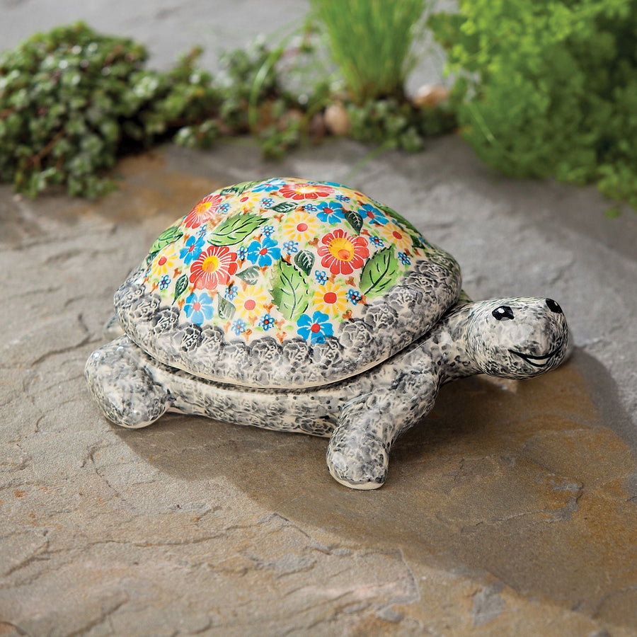 Polish Pottery Floral Turtle Trinket Box