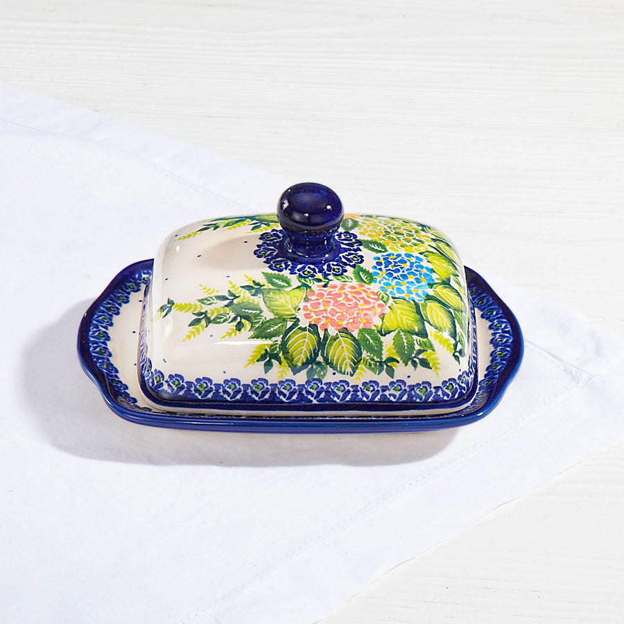 Polish Pottery ''Wild Hydrangea'' Floral Butter Dish