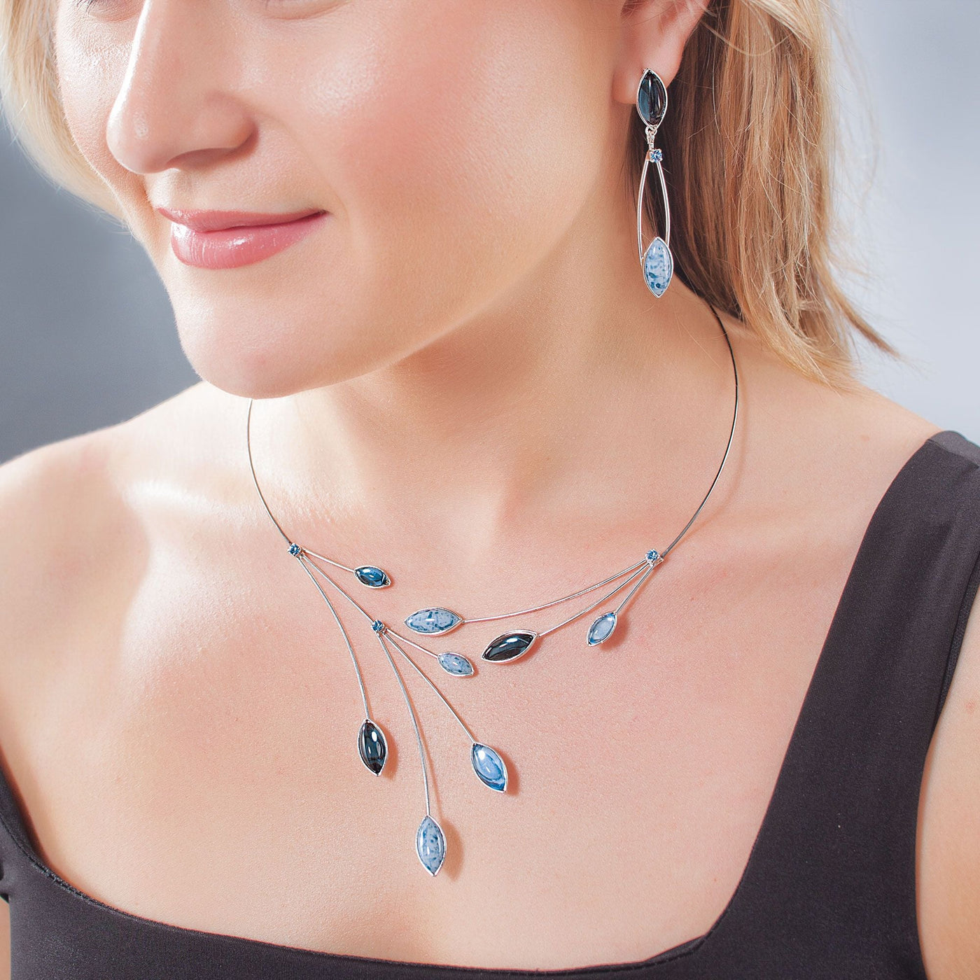 Czech Glass Leaves Blue Necklace & Earrings Set