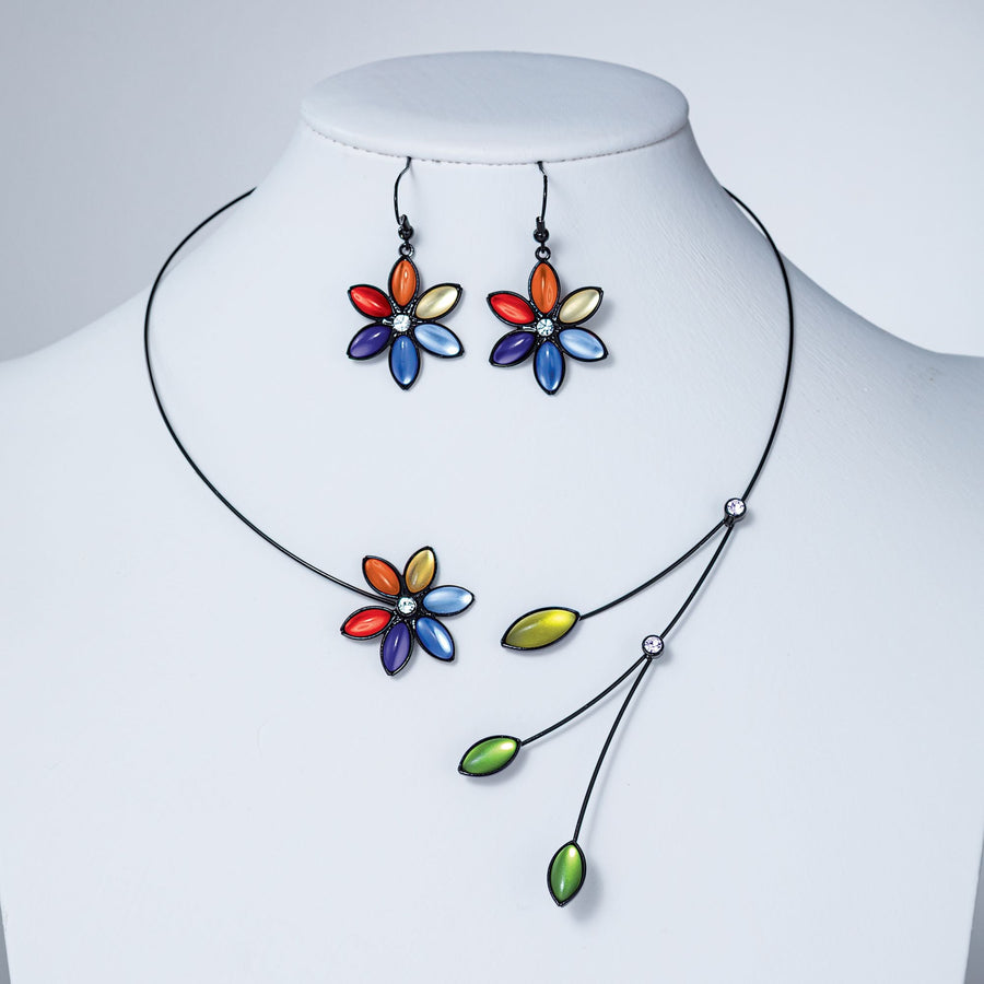 Czech Glass Leaves & Floral Multicolored Necklace & Earrings Set