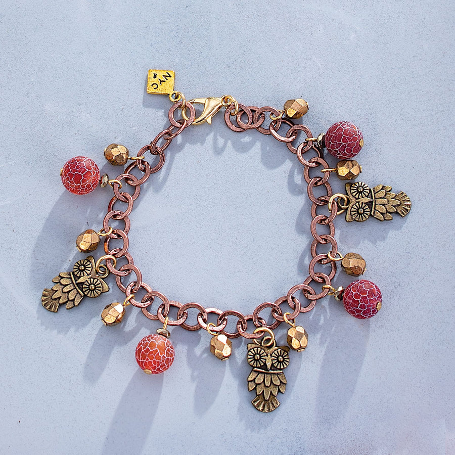 Vintage Owl Charm & Red Agate Bracelet