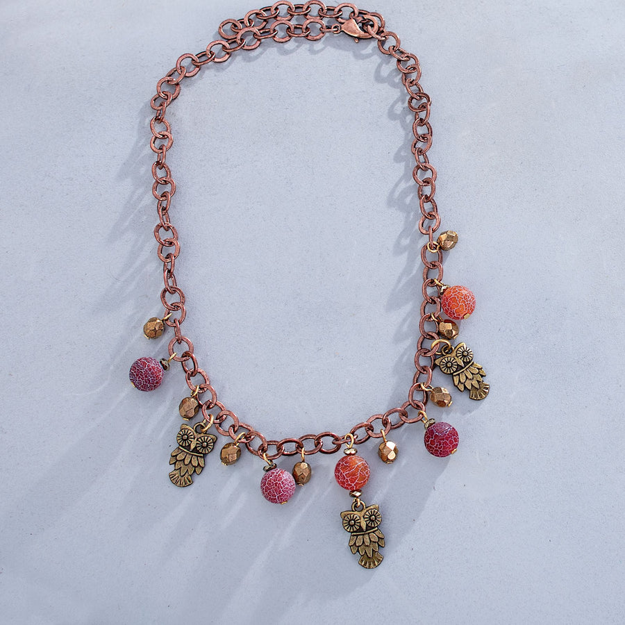 Vintage Owl Charm & Red Agate Necklace
