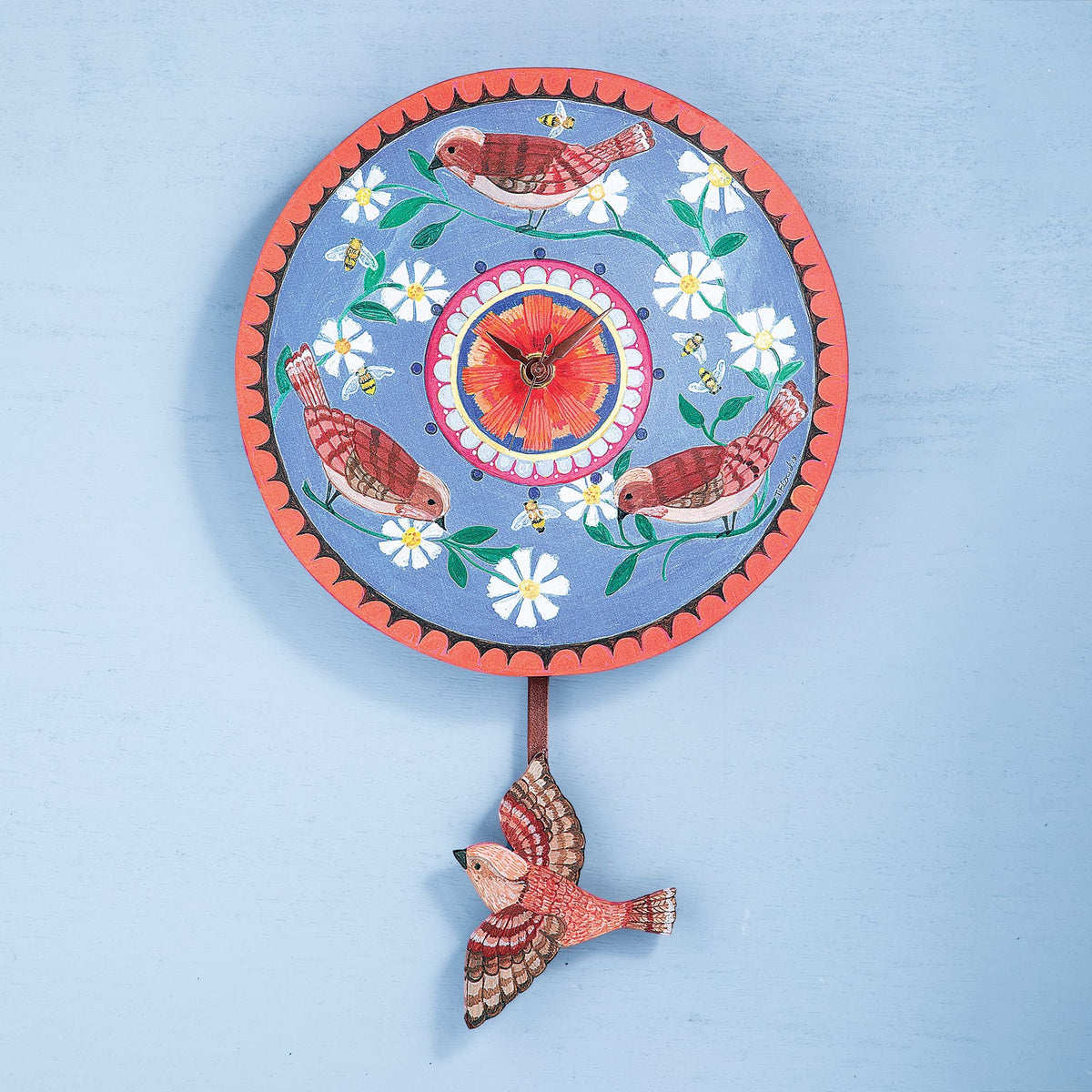 Hand-Painted Circling Sparrows Wood Clock