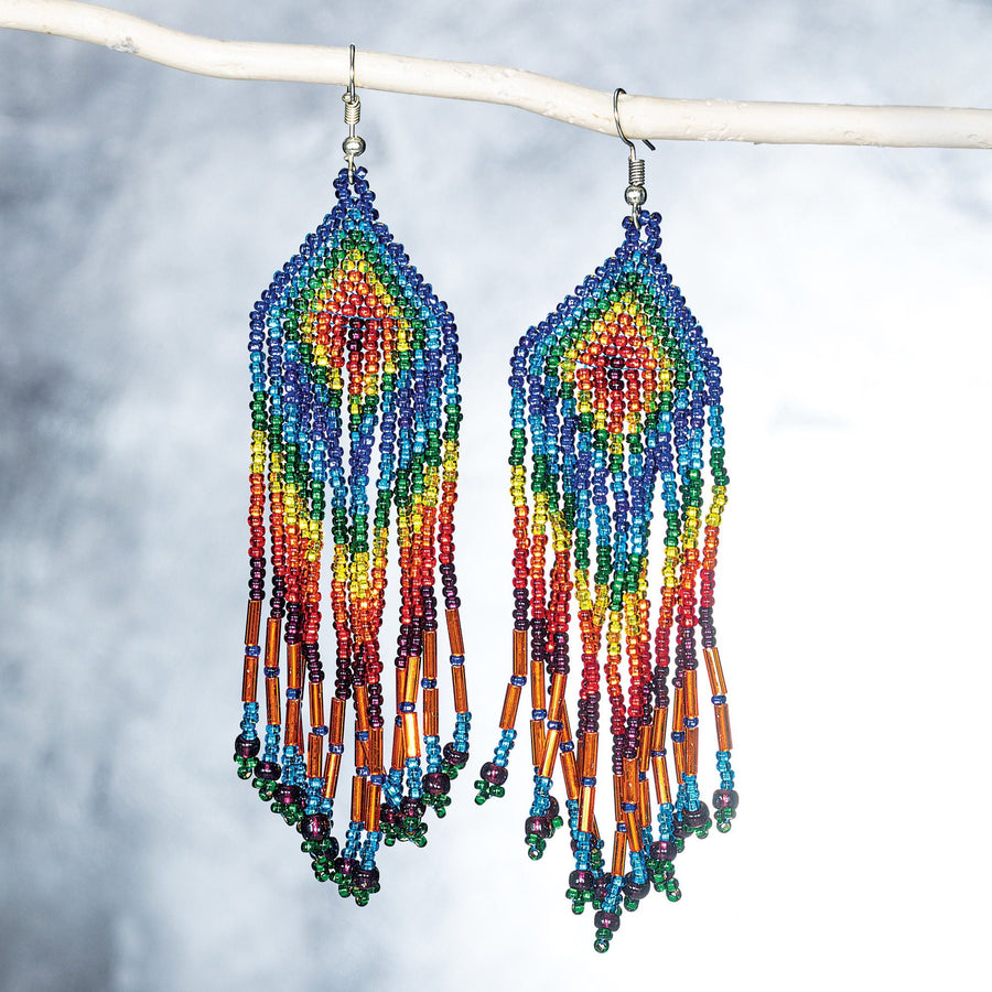 Rainbow Feather Guatemalan Seed Bead Earrings